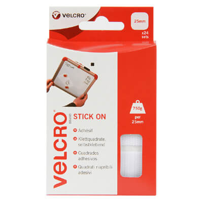VELCRO Brand 25mm Stick On Squares x 24 Sets - White