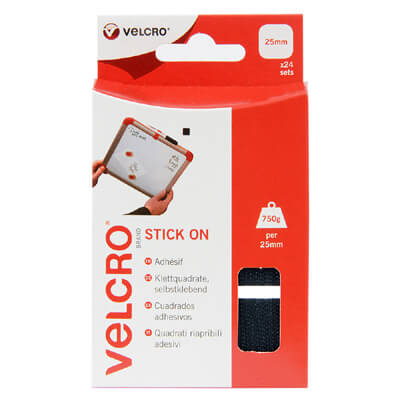 VELCRO Brand 25mm Stick On Squares x 24 Sets - Black