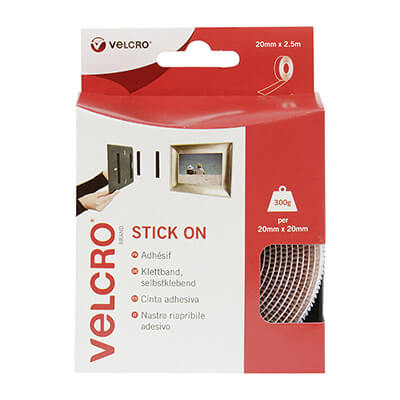 VELCRO Brand Stick On 20mm x 2.5m Tape - White