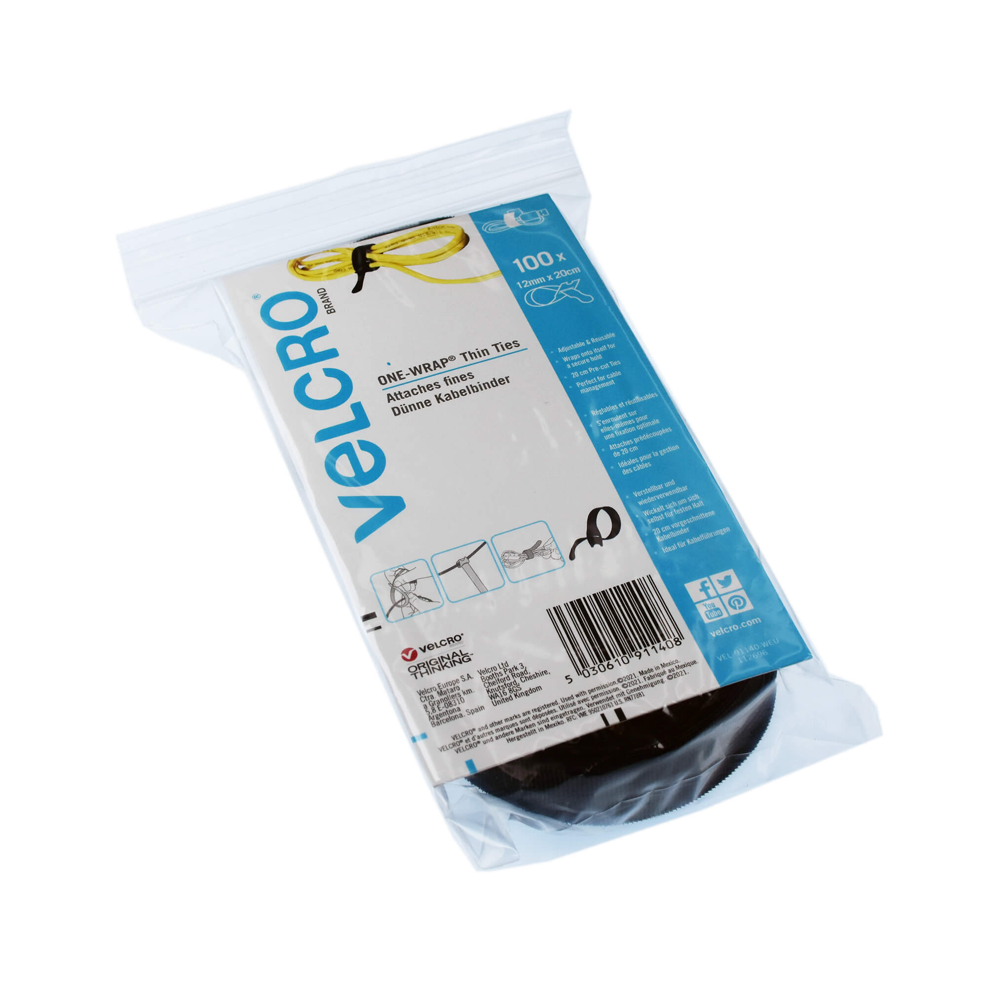 VELCRO® Brand Cable Ties 100 Pack ONE-WRAP® Reusable Cable Management Straps