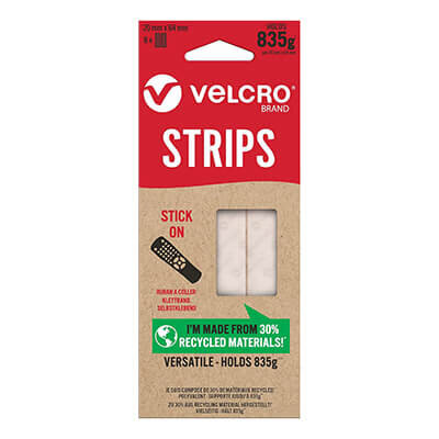 VELCRO Brand ECO Stick On Strips 20mm x 64mm White 8 Pack