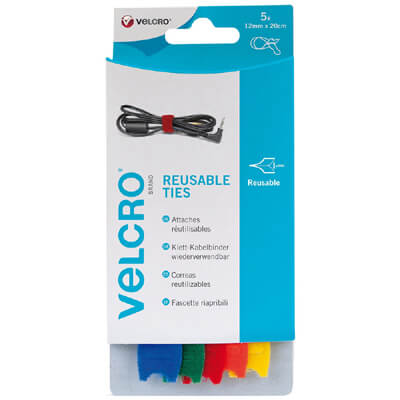 VELCRO Brand Reusable Ties 12mm x 200mm Multi-Coloured Pack of 5